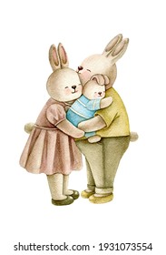 Watercolor Family Rabbit. Dad Is Holding The Baby In His Arms. Mom Hugs Dad And Baby