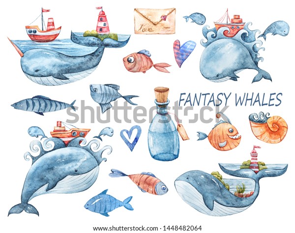水彩ファンタジーの漫画セット クジラ 魚 海殻 ボトル ハート 白い背景に手描きのイラスト のイラスト素材