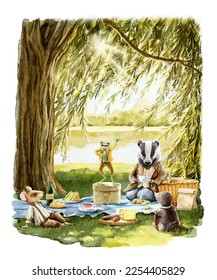 Watercolor fantasy cute animals badger, rat, toad and mole in vintage clothes on picnic with food from book the wind in the willow isolated on white background. Hand drawn illustration sketch