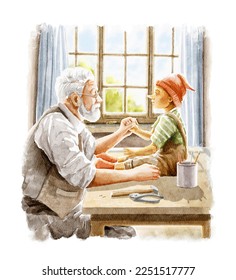 Watercolor fantasy elderly man with gray haired beard sits at table by window and creates wooden boy doll Pinocchio from wood isolated on white background. Hand drawn illustration sketch