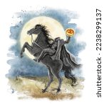 Watercolor fantasy full moon with dark silhouette of horse rider headless horseman with halloween pumpkin in night isolated on white background. Hand drawn illustration sketch
