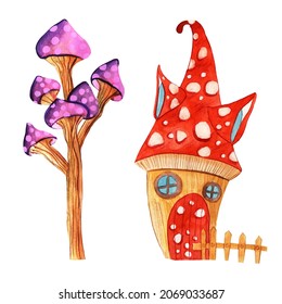Watercolor Fantasy gnome house  little house  Gnome houses icons  cartoon fantasy building made plants  Fairy  gnome elf cute homes in  mushroom  stump   pot isolated set