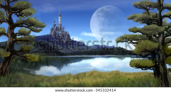 岩の多い丘の山の背景に古代の城を持つ自然の川岸の湖の森の風景と おとぎ話の神話を持つ巨大な月のシーンを持つ青い空を描いた水彩のファンタジーイラスト の イラスト素材