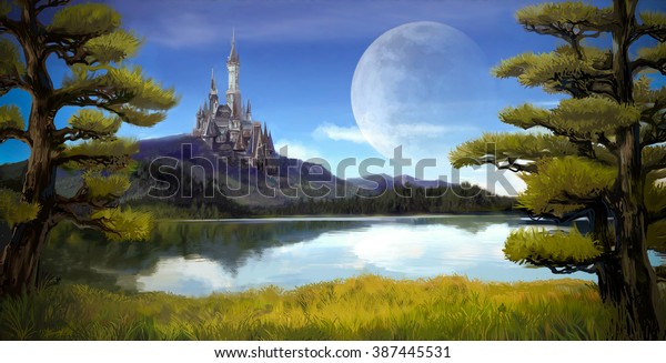 岩だらけの山の背景に古代の城を持つ自然の川岸の湖の森の風景と おとぎ話をコンセプトした巨大な月のシーンを持つ青い空を描いた水彩のファンタジーイラスト のイラスト素材