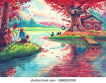 Watercolor fantasy landscape and autumn trees  lake  magic house  beautiful forest  hand drawn nature illustration painting and river water  fishing  outdoors relaxation art and nice colors 