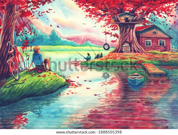 Watercolor fantasy landscape with autumn trees, lake, magic house, beautiful forest, hand drawn nature illustration painting with river water, fishing, outdoors relaxation art with nice colors. 3d nature wall painting. 
