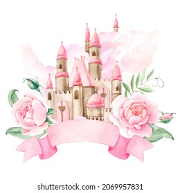 Watercolor fantasy pink princess castle with pink roses, other flowers, leaves, buttons. Fairy tale illustration isolated on white background. Perfect for baby shower invitation, greeting cards