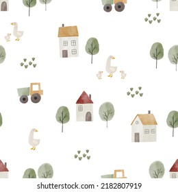 Watercolor farm animals, carrot, bunny, goose, truck. Cute cartoon hand drawn character. Village landscape. Seamless pattern