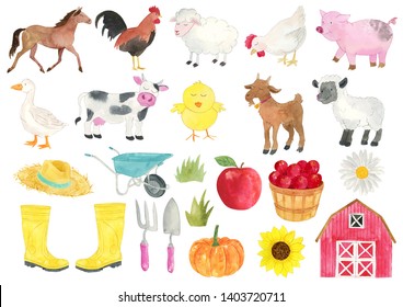 Watercolor Farm Animals Illustration, Farm Animals Clipart
