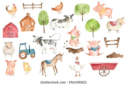 Watercolor farm animals illustration with hen, cow, horse, chicken in red, green and blue, for baby and children 