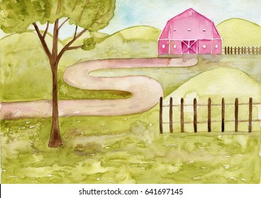 Watercolor Farm Landscape. Hand Painted Illustration.