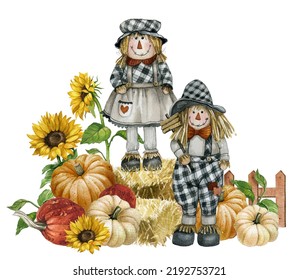 Watercolor Farmhouse Couple Scarecrow Illustration, Autumn Harvest Scene With  Cute Boy And Girl Scarecrow, Pumpkin, Sunflowers, Fence,pumpkin Patch. Thanksgiving Fall Background, Country Graphics.