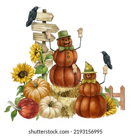 Watercolor Farmhouse Couple Scarecrow Illustration, Autumn Harvest Scene With Cute Pumpkin Snowman Scarecrow, Sunflowers, Raven, Fence,pumpkin Patch. Thanksgiving Fall Background, Country Graphics.