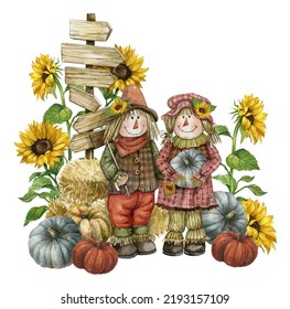 Watercolor Farmhouse Couple Scarecrow Illustration, Autumn Harvest Scene With  Cute Boy And Girl Scarecrow, Pumpkin, Sunflowers, Fence,pumpkin Patch. Thanksgiving Fall Background, Country Graphics.