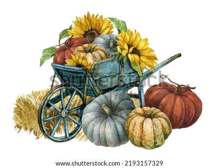 Watercolor farmhouse illustration, Autumn harvest scene with  rustic wheelbarrow, pumpkin, sunflowers,  hay, pumpkin patch. Thanksgiving fall background, country graphics.