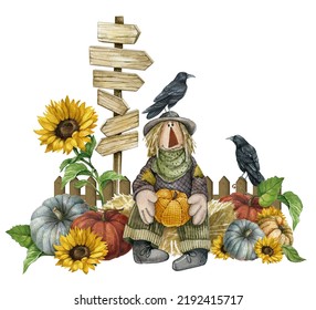 Watercolor Farmhouse Scarecrow Illustration, Autumn Harvest Scene With  Cute Scarecrow, Pumpkin, Sunflowers, Fence, Raven,pumpkin Patch. Thanksgiving Fall Background, Country Graphics.