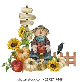 Watercolor Farmhouse Scarecrow Illustration, Autumn Harvest Scene With  Cute Scarecrow, Pumpkin, Sunflowers, Fence, Raven,pumpkin Patch. Thanksgiving Fall Background, Country Graphics.