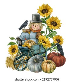 Watercolor Farmhouse Scarecrow Illustration, Autumn Harvest Scene With  Cute Scarecrow, Pumpkin, Sunflowers, Wheelbarrow Raven,pumpkin Patch. Thanksgiving Fall Background, Country Graphics.