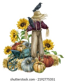 Watercolor Farmhouse Scarecrow Illustration, Autumn Harvest Scene With  Scarecrow, Pumpkin, Sunflowers, Whillbarrow, Raven,pumpkin Patch. Thanksgiving Fall Background, Country Graphics.