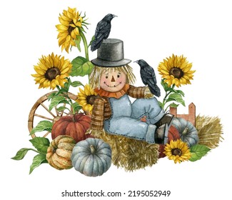 Watercolor Farmhouse Scarecrow Illustration, Autumn Harvest Scene With  Cute Scarecrow, Pumpkin, Sunflowers, Fence, Hay, Raven,pumpkin Patch. Thanksgiving Fall Background, Country Graphics.