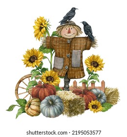 Watercolor Farmhouse Scarecrow Illustration, Autumn Harvest Scene With  Cute Scarecrow, Pumpkin, Sunflowers, Fence, Hay, Raven,pumpkin Patch. Thanksgiving Fall Background, Country Graphics.