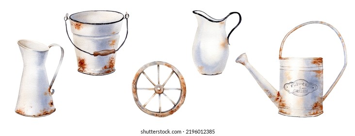 Watercolor Farmhouse style illustration  Rusty iron watering can  pitcher  jug  bucket  wheel  Vintage french country design