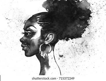 Watercolor fashion african woman portrait with splashes. Painting monochrome beauty illustration. Hand drawn profile of young girl