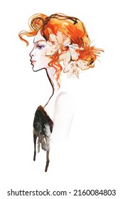 Watercolor Fashion Female Portrait. Hand Drawn Young Woman With Curly Ginger Hair And Flowers. Painting Isolated Illustration On White Background.