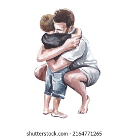 Watercolor fashion illustration of a father embracing his son. Father's Day. - Powered by Shutterstock