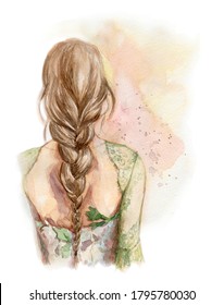 Watercolor Fashion Illustration Of Girl With Braid In Green Dress From Back