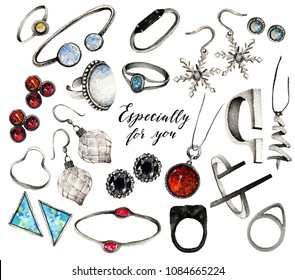 Watercolor Fashion Illustration. set of trendy accessories. Jewelry made of silver, earrings, rings, pendants, bracelets