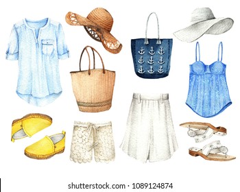 Watercolor Fashion Illustration. set of trendy accessories. The best summer. crop tops,skirt, hat, bag, sandals, shorts, shirt, loafers