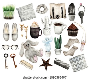 Watercolor Fashion Illustration. set of trendy accessories. Sweet Home. loafers, hair elastic, earring, comb, pillows, coffee, glasses, bunny, chocolate cupcake, pendant, ceramic cactu