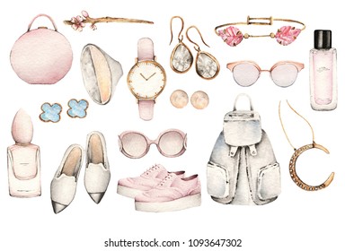 Watercolor Fashion Illustration. set of trendy accessories. Cherry Blossom. shoes, earrings, sunglasses, backpack, pendant, bracelet, perfume, bag, watches, ring, hair stick