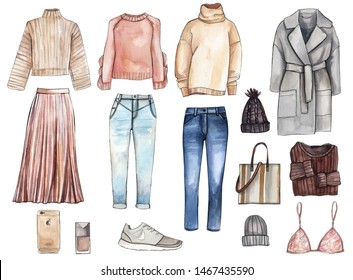 Watercolor Fashion Illustration. set of trendy accessories. Rainy day,rubber boots, bags, scarfs. trench coats, sweaters, jeans - Powered by Shutterstock