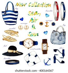 Watercolor Fashion Illustration. set of trendy accessories. Sea, air and sun. bag,sandals,hat,bracelets,wrist watches,shoes,earrings