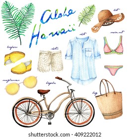 Watercolor Fashion Illustration. set of trendy accessories. Aloha Hawaii. hat, loafers, shorts, shirt, swimsuit, sunglasses, bicycle, bag