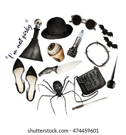 Watercolor Fashion Illustration. set of trendy accessories. Halloween hat, ring, earrings, hair elastic, shoes, sunglasses, handbag, lipstick, eyeliner, knives, potion,spider