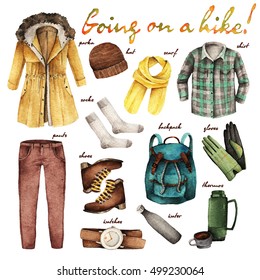 Watercolor Fashion Illustration. set of trendy accessories. Going on a hike.Parka, hat, scarf, shirt, socks, pants, shoes, backpack, gloves, watches, water, thermos