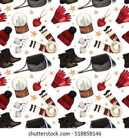 Watercolor Fashion Illustration. Set Of Trendy Accessories. Winter Clothes.shoes,pendant, Bag, Scarf,hat, Gloves, Earrings,snowglobe,seamless Pattern,light Background