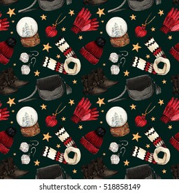 Watercolor Fashion Illustration. Set Of Trendy Accessories. Winter Clothes.shoes,pendant, Bag, Scarf,hat, Gloves, Earrings,snowglobe,seamless Pattern,black Background