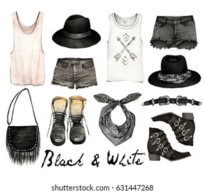 Watercolor Fashion Illustration.  set of trendy accessories.  Western style and trendy clothing. crop tops,shorts, hats, boots, bags