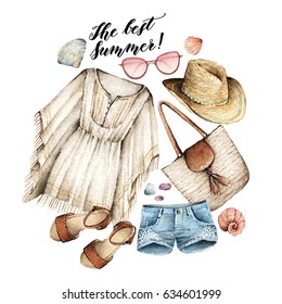 Watercolor Fashion Illustration. set of trendy accessories.The best summer. tunic, shorts, hat,sunglasses,bag, shoes