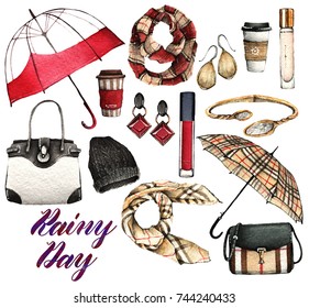Watercolor Fashion Illustration. set of trendy accessories. Rainy days. scarfs, rubber boots, perfume, earrings, bracelet, umbrellas, bags, coffee, hat, lipstick