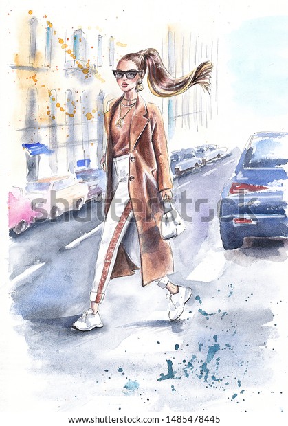 茶色のコート スニーカー スポーツパンツ 街頭スタイルの手描きのスケッチ 秋の風物 スタイリストブログの写真を着て 街を横切るおしゃれな若い女の子 のファッションイラスト のイラスト素材