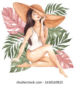 Watercolor fashion illustration with woman in a hat and and tropical leaves isolated on white background - Powered by Shutterstock