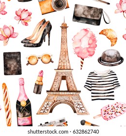 Watercolor fashion illustration Watercolor seamless pattern Paris style Handpainted texture and striped top cosmetics Tour Eiffel champagne cotton candy shoes  Perfect for you project wallpaper print