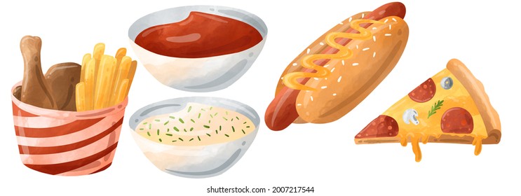 Watercolor Fast Food Clipart. Hot Dog, Sandwich, Pizza, Nachos, Fries, Cola, Burrito,