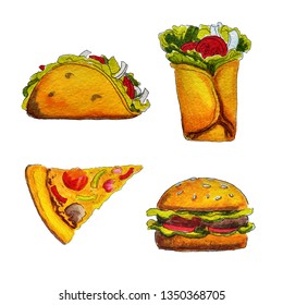 Watercolor Fast Food Isolated On White. Taco, Pizza, Burrito And Hamburger