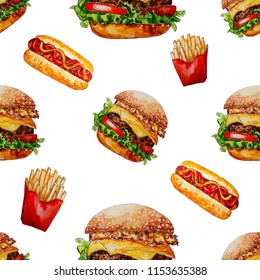 Watercolor Fast Food Seamless Pattern. Hand Drawn Illustration Set.